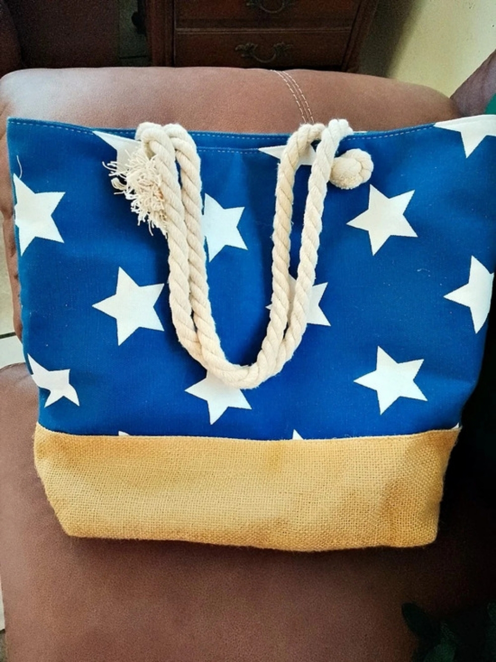 Star Print Rope Handle Tote in Blue & White